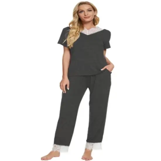 cheibear Womens Sleepwear V-Neck with Lace Nightwear with Pants Loungewear Pajama Set image {1}