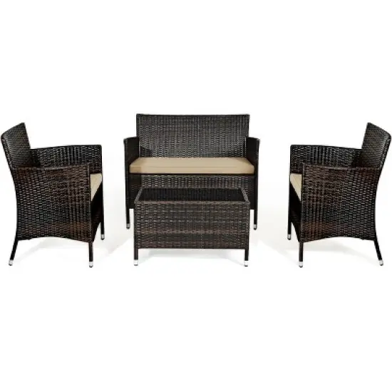 Tangkula 4 PCS Patio Rattan Wicker Furniture Set Outdoor with Cushions image {3}