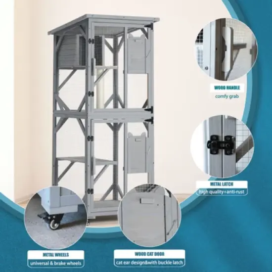 Catio Outdoor Cat Enclosure, 66.5" Wooden Cat Playen Catio with Wheels, Large Pet House with Platforms and Resting Box, Feral Animal Shelter image {2}
