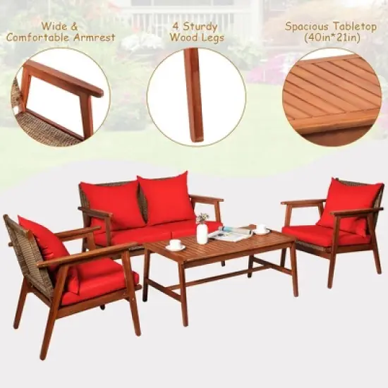 Costway 4PCS Patio Rattan Furniture Set Acacia Wood Frame Cushioned Sofa Chair image {7}