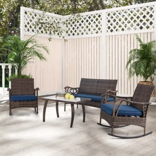 Tangkula Set of 4 Wicker Rocking Set 2 Patio Rattan Rocker Chairs w/Loveseat & Coffee Table Heavy-Duty Metal Frame & Bungee Rope Seat Navy image {3}