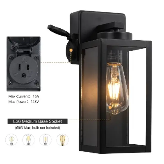 C Cattleya 2-Pack 12.5in. Matte Black Outdoor Wall Lantern Sconce with Built-in Outlet image {5}