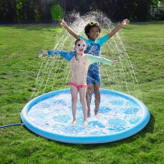 Joyfy 6ft Tropical Leaves Splash Pad for Kids, Non-Slip Outdoor Water Sprinkler Mat, Summer Fun Backyard Fountain Pool Water Games Spray Mat image {8}