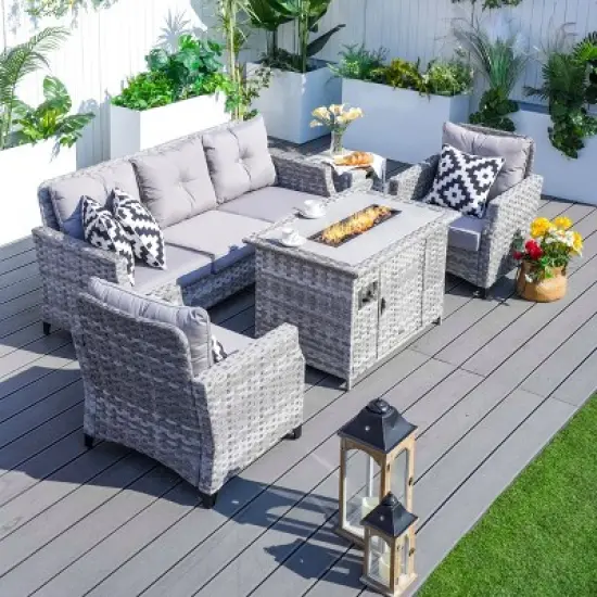 Moda Furnishings 5-Piece Outdoor Wicker Sectional Seating Group with Cushions and Fire Pit image {1}