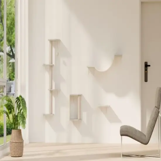 SEVOBAL Pet Tower Wall-Mounted Cat Climbing Set, 4-Piece Space-Saving Shelves with Scratching Posts, Perches for Indoor Cats, Beige, 13.7"*14.6"*9.5" image {4}