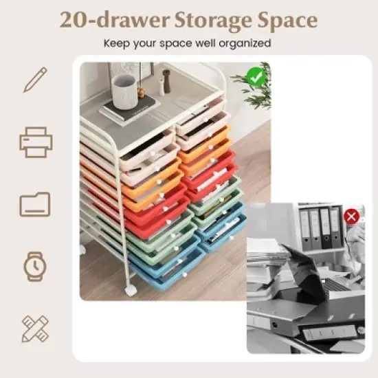 Costway 20 Drawers Rolling Storage Cart Art Craft Organizer on Wheels Multipurpose Macaron image {6}