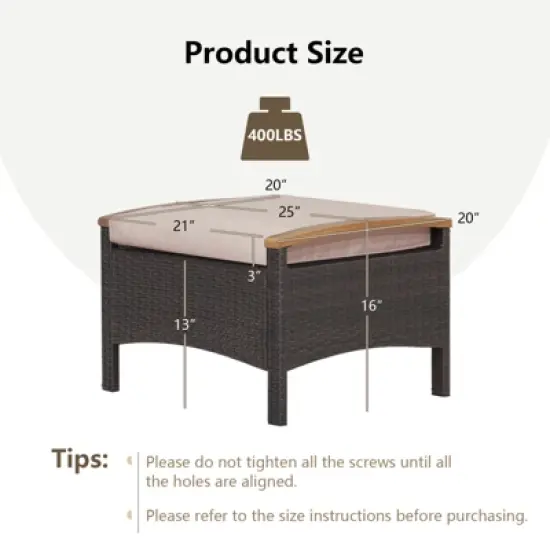 Tangkula Outdoor PE Wicker Ottoman Set of 2 Patio Rattan Footrest Seat with Soft Cushions & Curved Acacia Wood Handles Beige/Navy Blue/Red/Off White image {8}