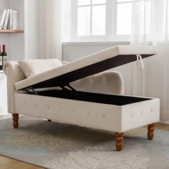 Bedroom Velvet Chaise Longue With Storage, Pillow and Nailhead Accents - ModernLuxe image {5}