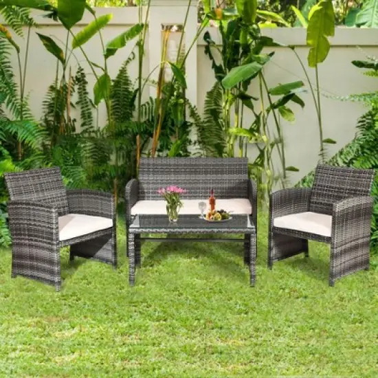 Tangkula 8PCS Patio Outdoor Rattan Furniture Set w/ Cushioned Chair Loveseat Table image {2}