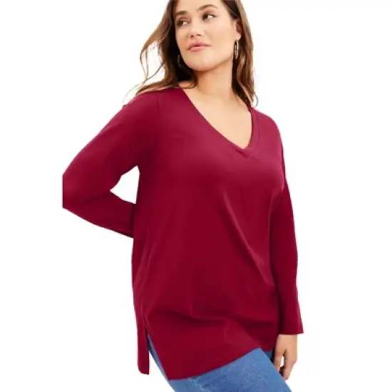 June + Vie by Roaman's Women&rsquo;s Plus Size Long-Sleeve V-Neck One + Only Tunic image {14}