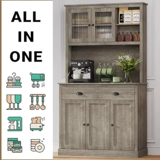 Homhougo 71" Freestanding Pantry Cabinet with Microwave Stand, Adjustable Shelves & Drawers, Farmhouse Hutch, Grey image {4}