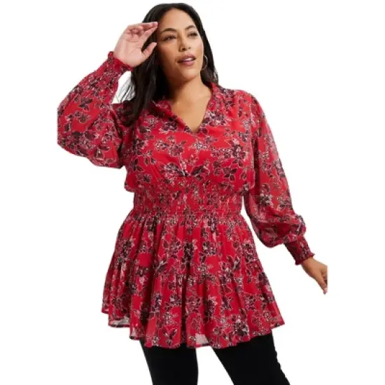 June + Vie by Roaman's Women&rsquo;s Plus Size Smocked Georgette Tunic image {4}