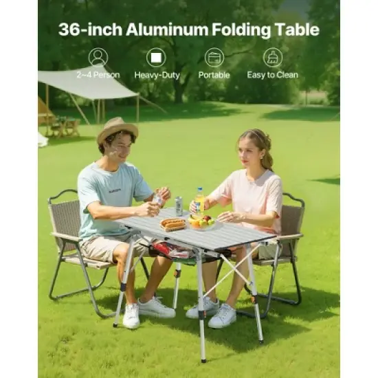 VEVOR Folding Camping Table, Portable Roll Up Side Tables, Lightweight Aluminum Beach Table with Adjustable Height, Top Mesh Layer, Silver image {2}