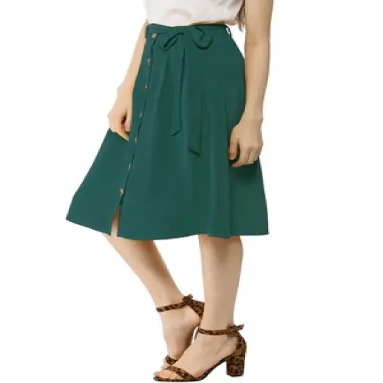 Allegra K Women's Button Front Casual High Waist Belted Midi Flare Skirt image {1}