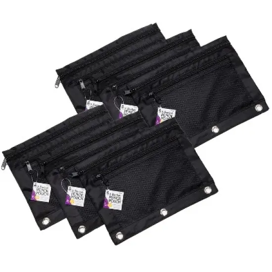 CLI Charles Leonard 2-Pocket Zipper Nylon Pencil Pouch with Mesh Front Black 6/Pack (CHL76356) image {1}