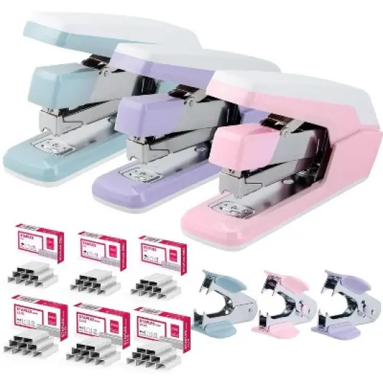 Deli Stapler, 3 Pack, 3 Colors, Effortless Staplers for Desk, 40-50 Sheet Capacity Heavy Duty, One Touch with 1500 Staples & Staple Remover image {1}