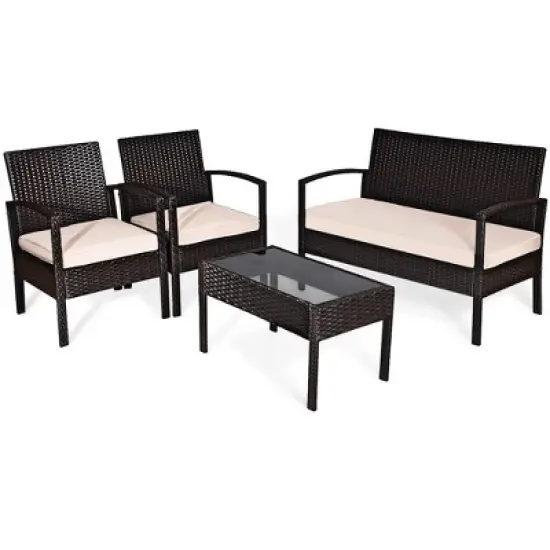 Costway Patio Rattan 4PCS Conversation Furniture Set Cushioned Seat Glass Table image {8}