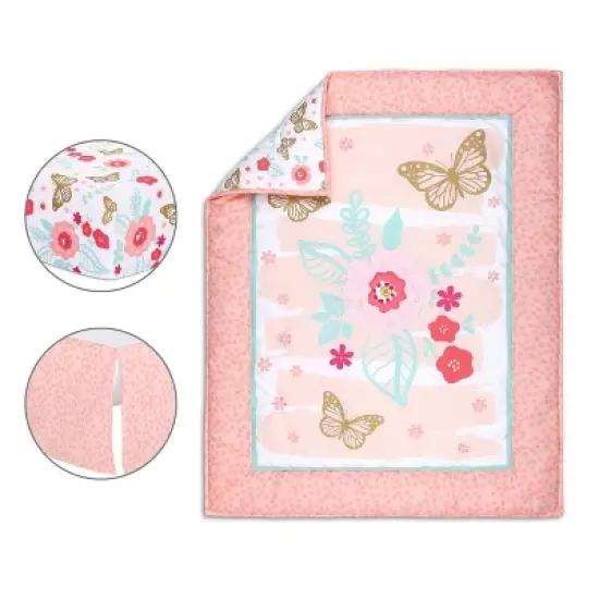 The Peanutshell Aflutter Baby Crib Bedding Set, Pink Floral/Butterfly - 3pc image {1}