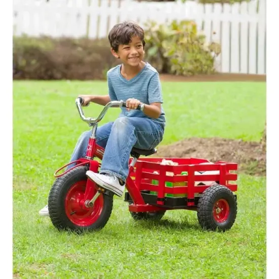 HearthSong Kids Classic Red Metal Tricycle with Attached Slatted-Wood Wagon image {9}