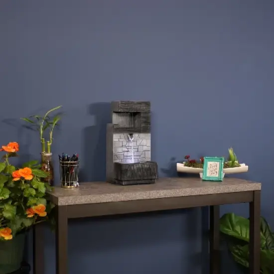 Sunnydaze Indoor Home Office Polyresin Modern Tiered Brick Wall Tabletop Water Fountain with LED Light - 13" image {8}