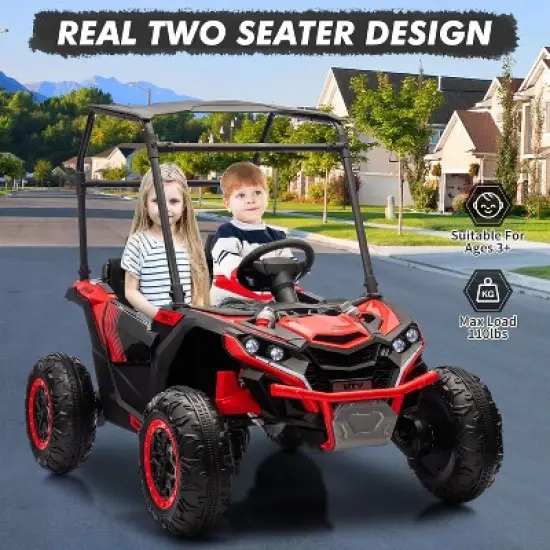 24V Ride On Utv for Kids, 2 Seater Electric Truck with Sun Shade,4WD Electric Car Toy with Remote Control, Led Lights, Music Player, Red image {1}