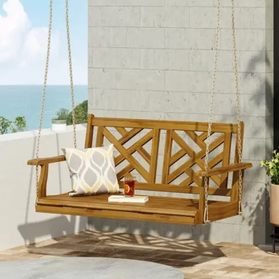 Outdoor Porch Swing Chair, Acacia Wood Swing Chair Bench With Hanging Chain, Outdoor Patio Hanging Bench Chair Furniture image {1}