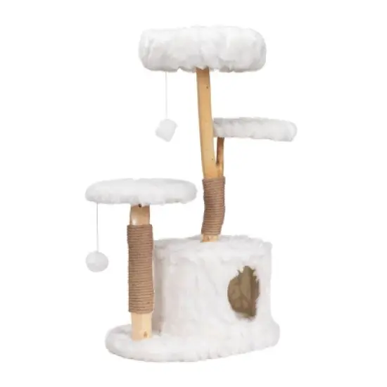 Kumasinova Modern Cat Tree with Natural Wood Branch,Cat Tower with Scratching Post,Multi-Level Cat Tree Tower with Plush Perches&Cat House,White image {5}