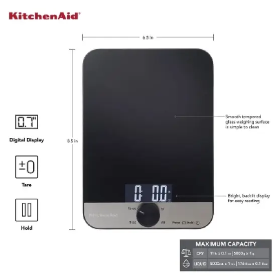 KitchenAid 11lb Glass Surface Digital Kitchen Food Scale Black: LCD Display, Battery-Powered, 11lb Capacity image {6}