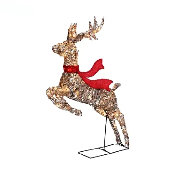 LuxenHome 3-Piece Natural and Plastic Rattan Running Reindeer Holiday Decoration Set with Lights Brown image {9}