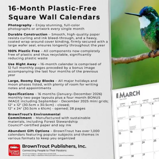 BrownTrout Hummingbirds 2026 12"x24" Hanging Square Wall Calendar Plastic-Free image {5}
