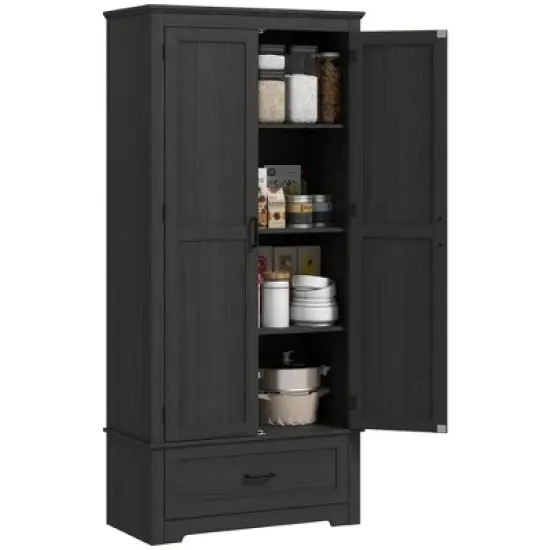 Gulches Farmhouse 68.9"H Tall Kitchen Pantry Cabinet - Freestanding, 2 Doors, Drawer, Adjustable Shelves, Black, 31.5"W x15.75"D image {9}