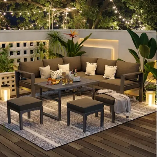 COWLOWN 7 Piece Dark Gray Modern Aluminum Outdoor Furniture Sofa Set with Conversation Table and Chairs, Ideal for Lawn, Backyard & Deck image {6}