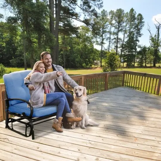 Costway Glider Outdoor Patio Rocking Bench Loveseat Cushioned Seat Steel Frame Blue image {3}