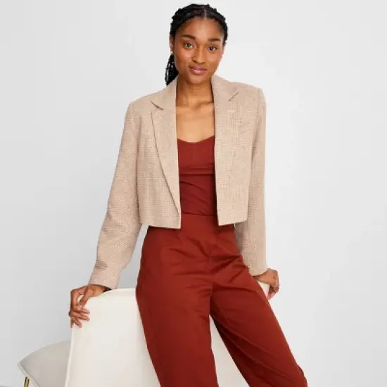 Women's Long Sleeve Plaid Cropped Blazer - Future Collective&trade; with Reese Blutstein Cream image {2}