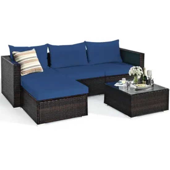 Tangkula 5PCS Cushioned Rattan Patio Conversation Set w/ Ottoman Navy Cushion image {7}