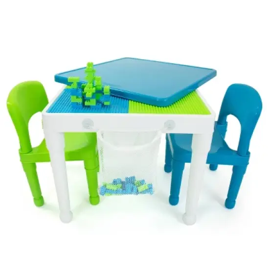 3pc Kids' 2 in 1 Square Activity Table with Chairs and 100pc Building Blocks White/Green/Blue - Humble Crew image {1}