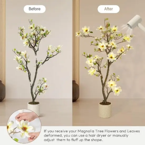 Faux Southern Magnolia Plant Yellow Flowered Magnolia, Artificial Magnolia Tree Inc. Realist Touch Flowers Vivid Leaves White Pot Dry Moss image {2}