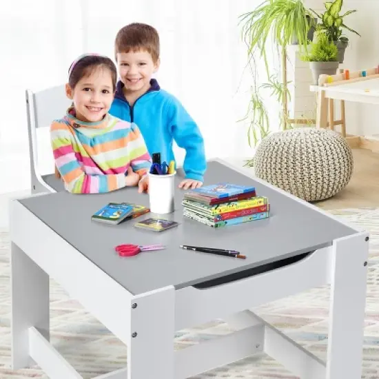 Costway Kids Table Chairs Set With Storage Boxes Blackboard Whiteboard Drawing GreyNature image {2}
