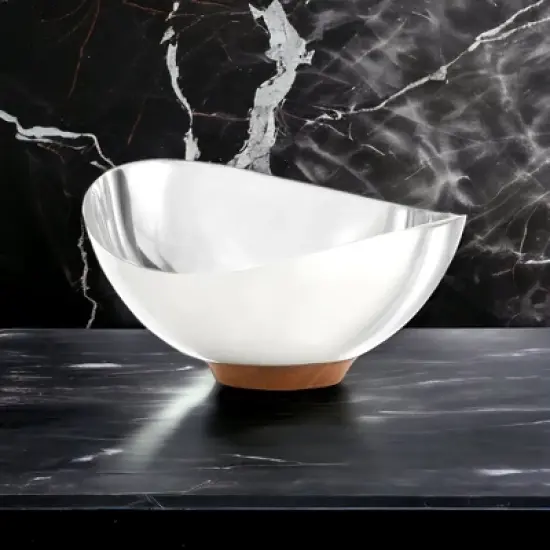 Nambe Pulse Nut Bowl, Stainless Steel and Acacia Wood, Snack Serving Bowl image {2}