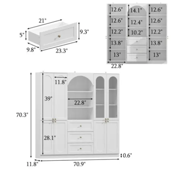 Famapy White Farmhouse Kitchen Pantry with Arch & Glass Doors,Large Capacity Kitchen Storage Hutch,Multi - Drawer Kitchen Organizer,Display Cabinet image {11}