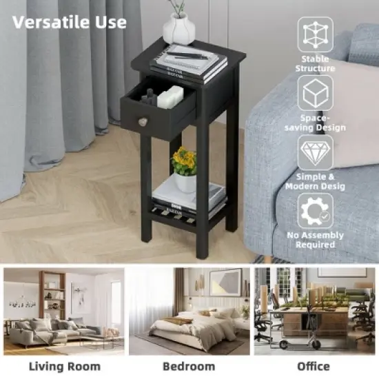 Costway 2PCS 2 Tier End Bedside Sofa Side Table with Drawer Shelf Acacia Wood Nightstand Black image {6}