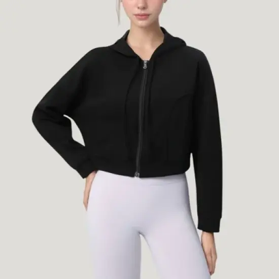 Anna-Kaci Active Women's Zip Front Cropped Hoodie with Long Sleeves and Drawstring Hood image {9}