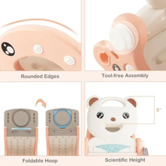 Costway 4-in-1 Kids Slide Rocking Toy Slide Rocking Horse w/Basketball Hoop Rings Pink\Green image {8}