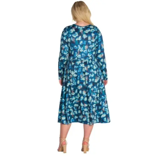 Womens Plus Size Blue Brushstroke Print Long Sleeve Pleated Midi Pocket Dress image {2}