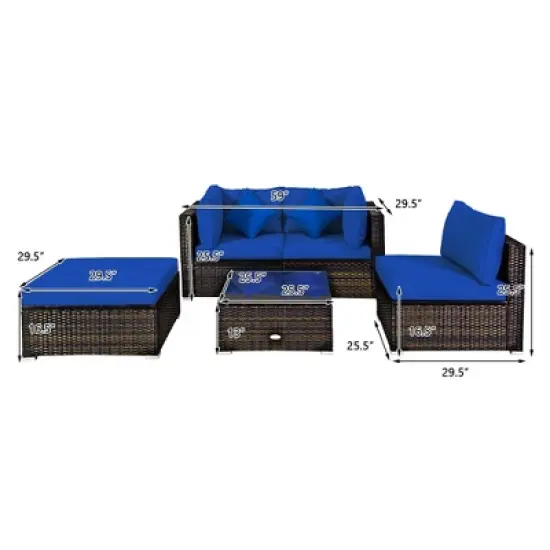 Costway 5PCS Outdoor Patio Rattan Furniture Set Sectional Conversation Turquoise\Navy\Black Cushion image {4}