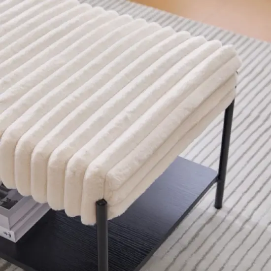 Dolonm 30.7 in. Faux Fur Ottoman/Footrest / Coffee Table with Black Metal Legs - with Open Wood Storage Shelf, Color image {5}