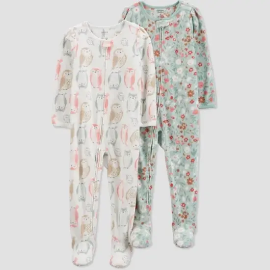 Carter's Just One You&reg;️ Toddler Girls' 2pk Florals and Owls Fleece Footed Pajama - Ivory/Green image {7}