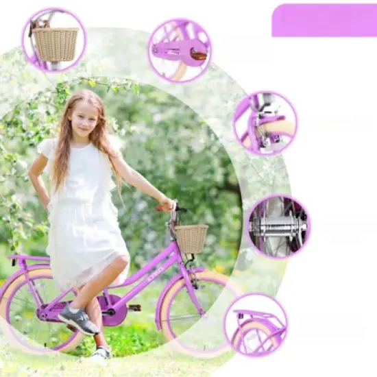 DSVIMOY 20 inch Girls Bike with Basket for 7-10 Years Old Kids, No Training Wheels Included, Purple, 55.51"*21.26"*32.48" image {1}