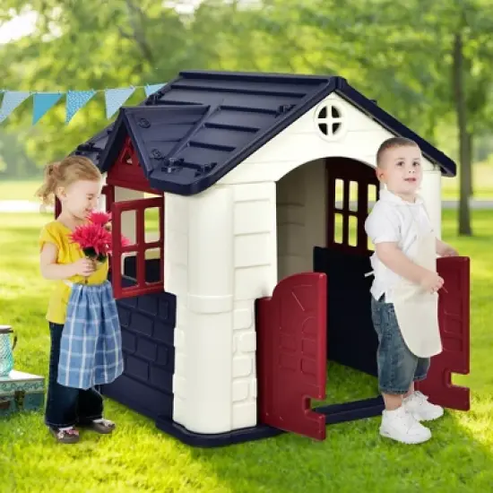 Costway Kid's Playhouse Games Cottage w/ 7 PCS Toy Set & Waterproof Cover image {3}