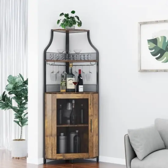 5-Tier Corner Bar Cabinet with Glass Holder & Barn Door, Farmhouse Liquor Storage with Adjustable Shelf for Kitchen, Dining Room, Home Bar, Retro image {8}